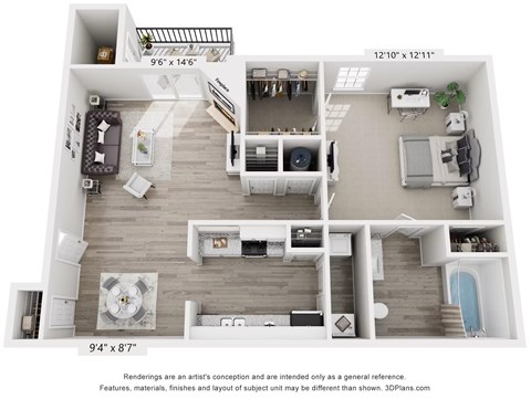 Floor plan for 1 bed, 1 bath, 841 sqft